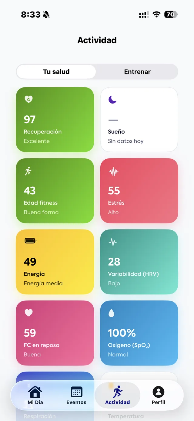 Activity screen with the health matrix